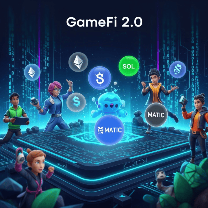 GameFi 2.0 evolution with sustainable blockchain gaming models, showing dynamic NFTs, cryptocurrency, and engaging gameplay interfaces.