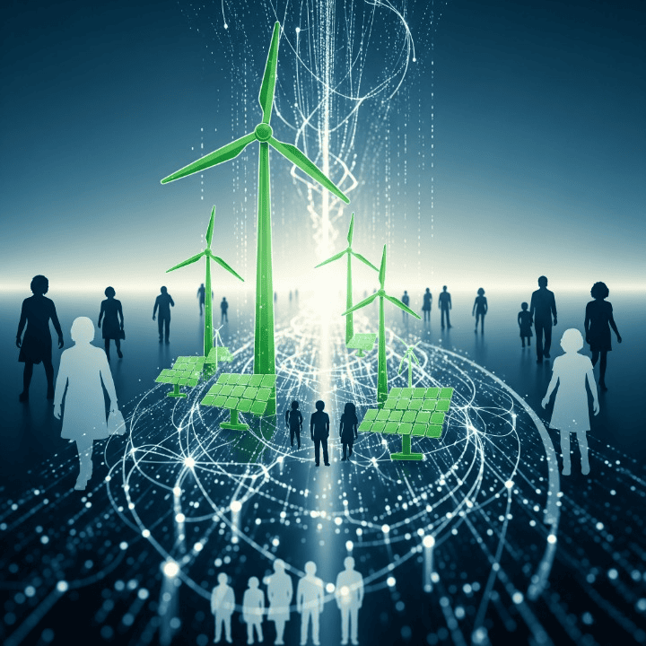 Abstract representation of global megatrends with interconnected digital elements, sustainable energy symbols, and diverse human silhouettes, signifying long-term investment opportunities and future economic shifts.