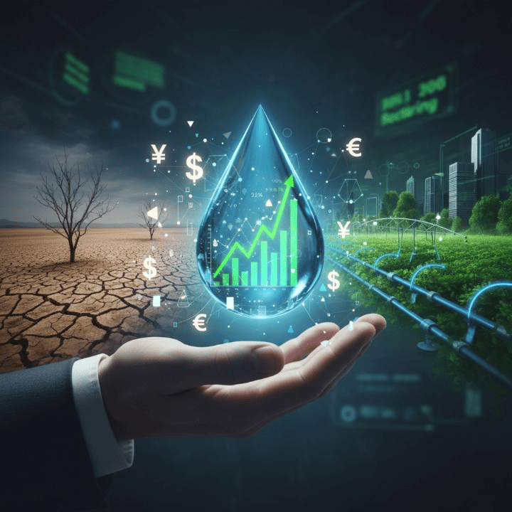 A stylized water droplet with a financial graph, representing investments in water rights and resources amidst global scarcity.