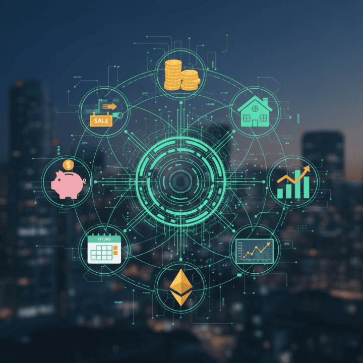 An illustration representing comprehensive financial planning, showing various financial tools and concepts like saving, investing, budgeting, insurance, and retirement planning.