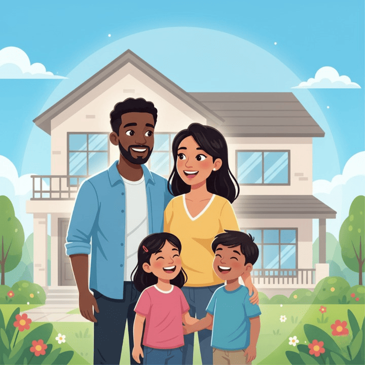 A family smiling together with a house in the background, symbolizing financial security and peace of mind provided by life and health insurance.
