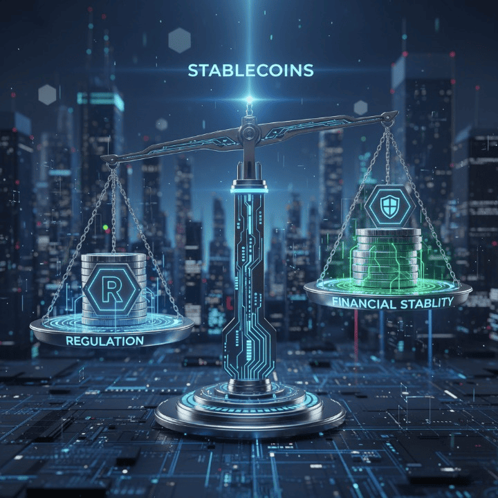 A balance scale with digital coins, symbolizing the equilibrium between regulation and financial stability for stablecoins.