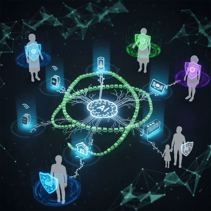 A visual representation of hyper-personalized insurance policies, featuring interconnected technologies such as AI, IoT devices, and data streams, all contributing to bespoke financial protection for individuals.