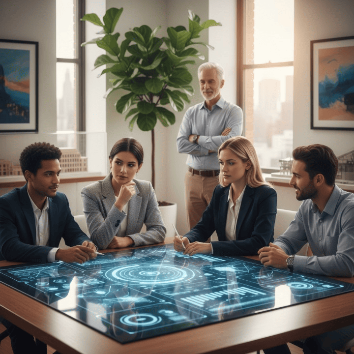 Millennials discussing financial planning for retirement with inherited wealth, guided by intergenerational wisdom.