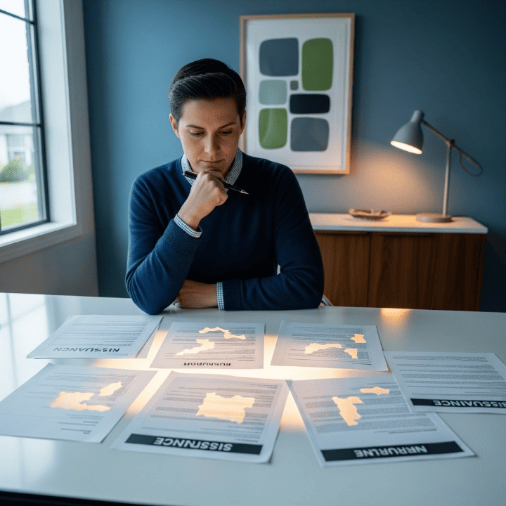 A person looking thoughtfully at a complex web of overlapping insurance documents and contracts, with some areas appearing transparent or incomplete, symbolizing hidden gaps in coverage.