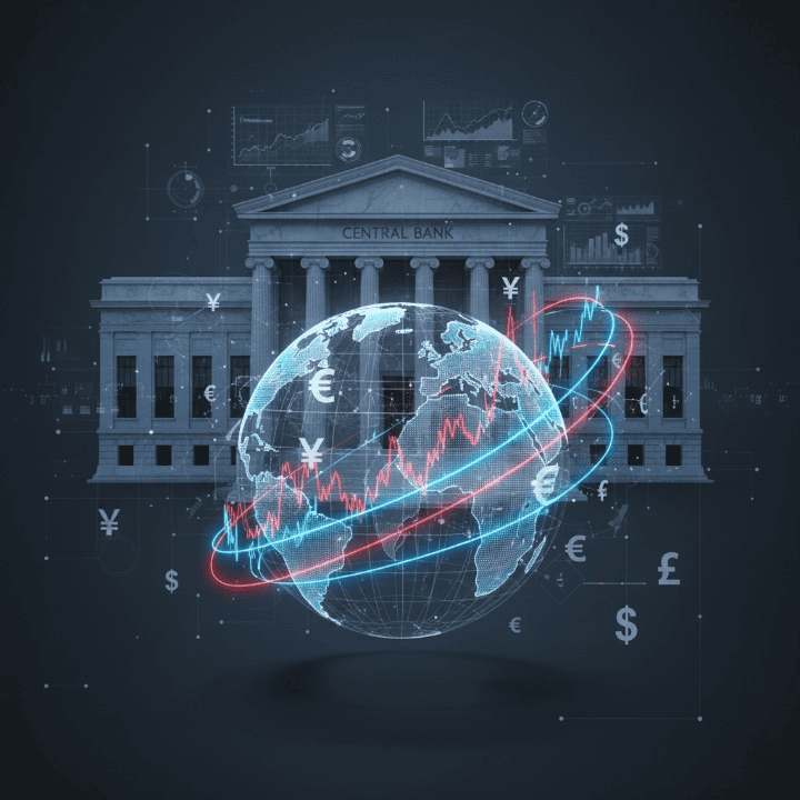 Global debt impacting central bank policies and economic growth, with graphs and currency symbols.