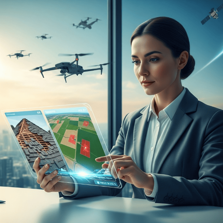 A modern insurance adjuster using technology, representing drones and satellites assisting in rapid and precise property and agricultural insurance claims assessment.