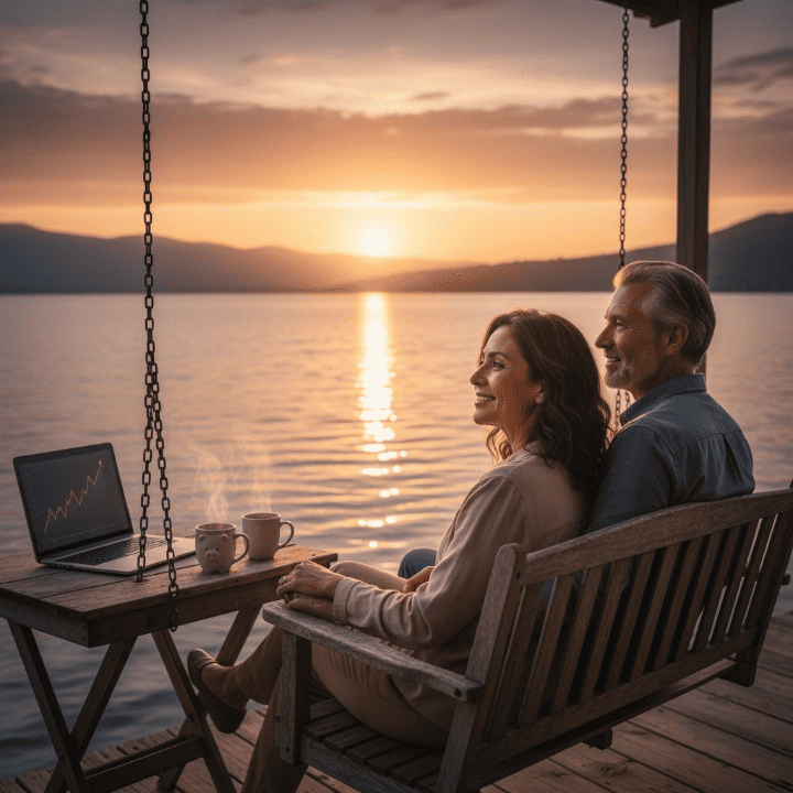 A serene couple enjoying their retirement by a lake, representing financial freedom and peace of mind.