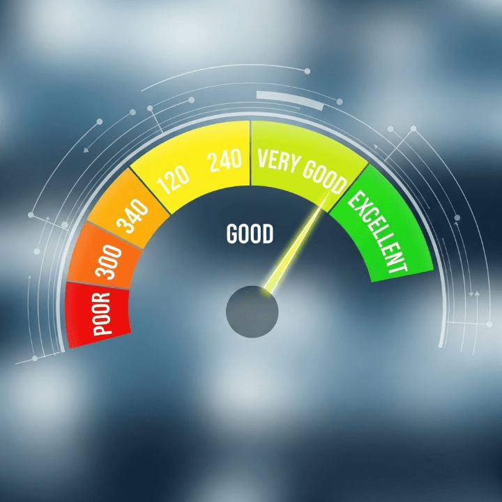 A speedometer-style gauge showing a credit score rating from poor to excellent, with the needle pointing to the 'Good' range, illustrating the concept of a healthy credit score.