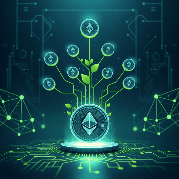 An image of a central cryptocurrency coin from which smaller coins are growing like branches on a tree, symbolizing the process of earning passive income rewards through crypto staking.
