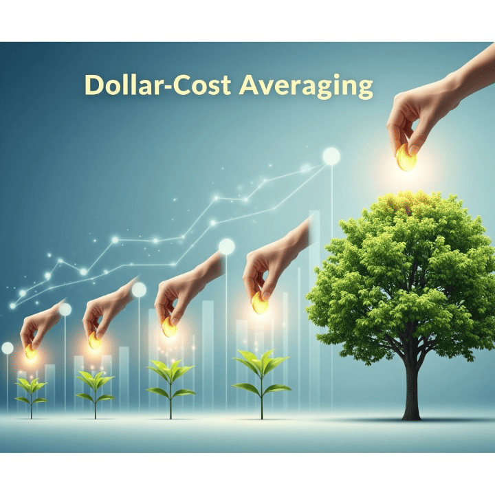 An illustration of a hand consistently adding a coin to a small plant, which grows into a large tree over time, representing the long-term growth principle of dollar-cost averaging.