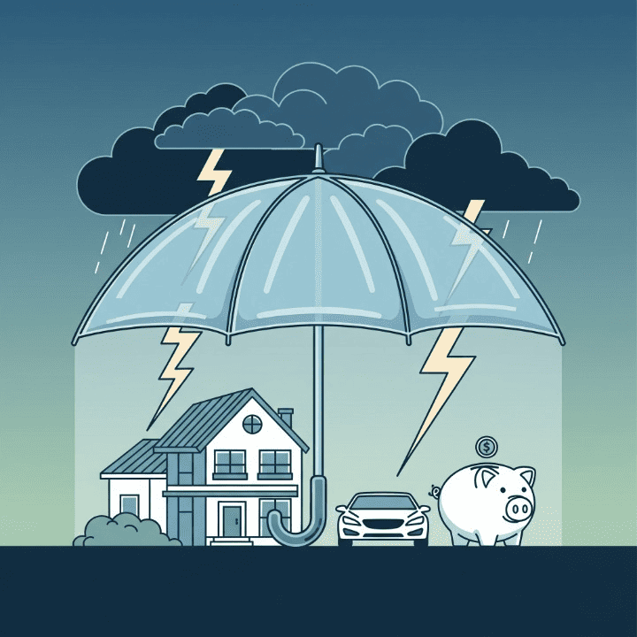 A large umbrella shielding a house, car, and piggy bank from storm clouds, representing how umbrella insurance protects personal assets from major liability risks.