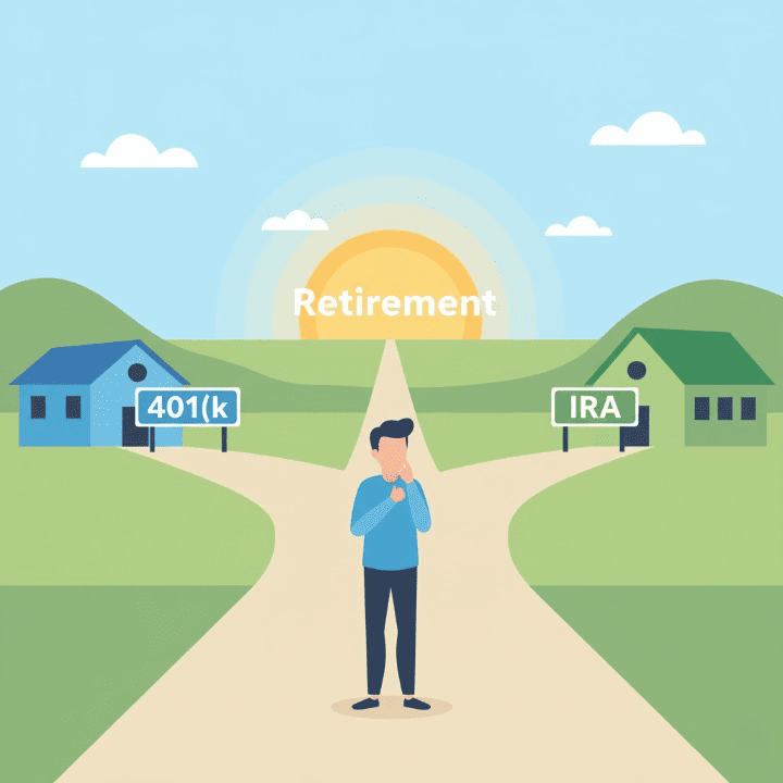 A square illustration comparing 401(k) vs IRA paths to build a retirement savings investment portfolio.