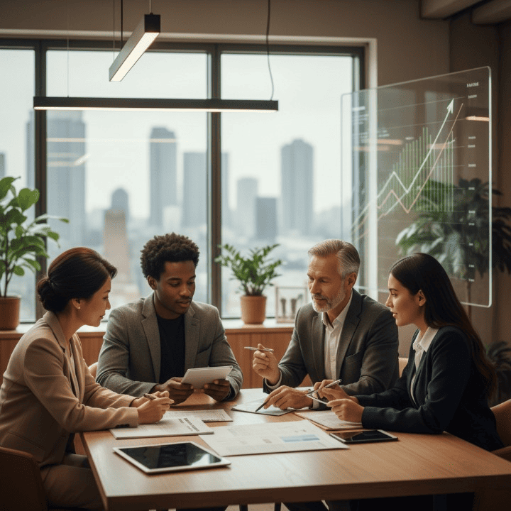 A diverse group of people studying real estate documents and discussing property investment strategies with a cityscape in the background, symbolizing financial growth and planning.