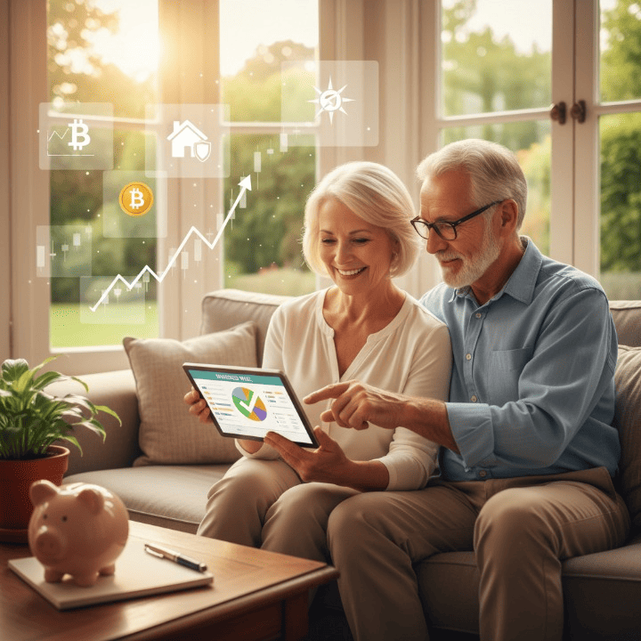 A senior couple planning their retirement budget with a tablet, symbolizing financial security and future planning.