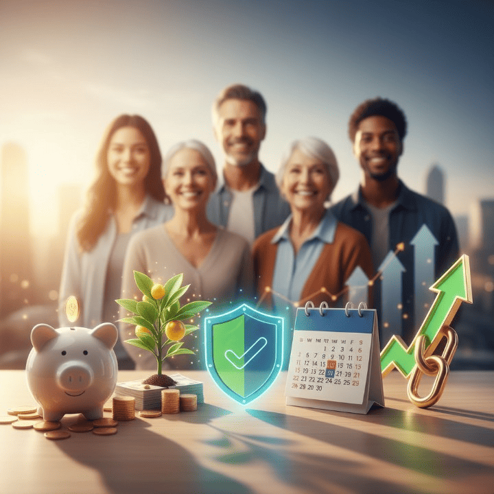 Five graphic icons representing money management habits: a piggy bank, a growing money plant, a protective shield, a budget calendar, and an upward trend arrow, symbolizing financial success and planning.