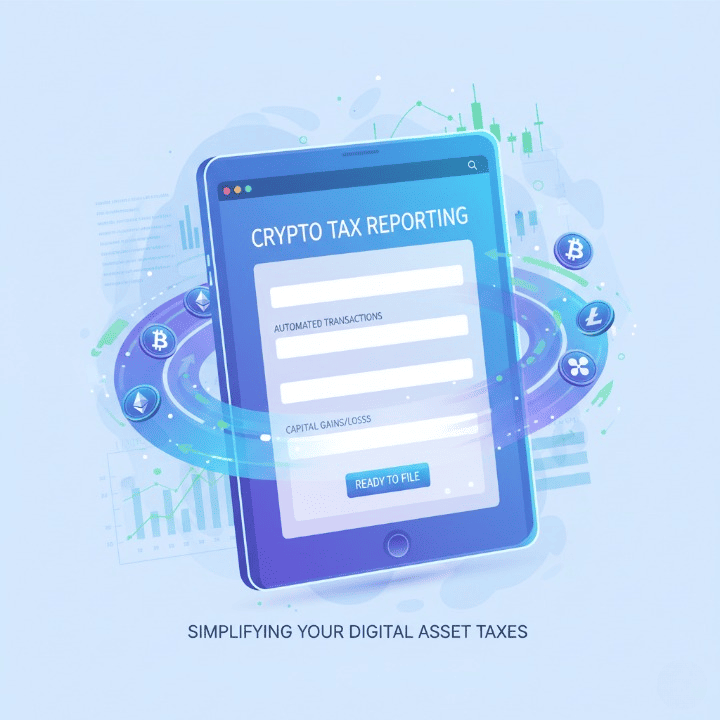 A digital interface of crypto tax software with various cryptocurrency icons and a tax form, symbolizing simplified crypto tax reporting and compliance.
