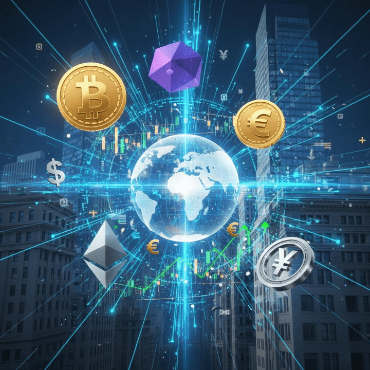 Digital cryptocurrency symbols interacting with global financial markets, representing the impact of crypto on traditional finance.