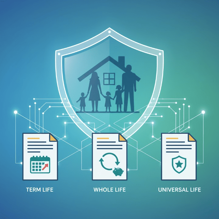 An illustration representing the various types of life insurance policies—term, whole, and universal—alongside symbols of financial security and a protected family, emphasizing comprehensive financial planning.
